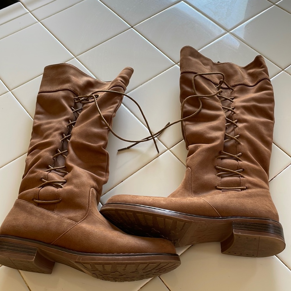 Tan Suede Lace Up High Boots